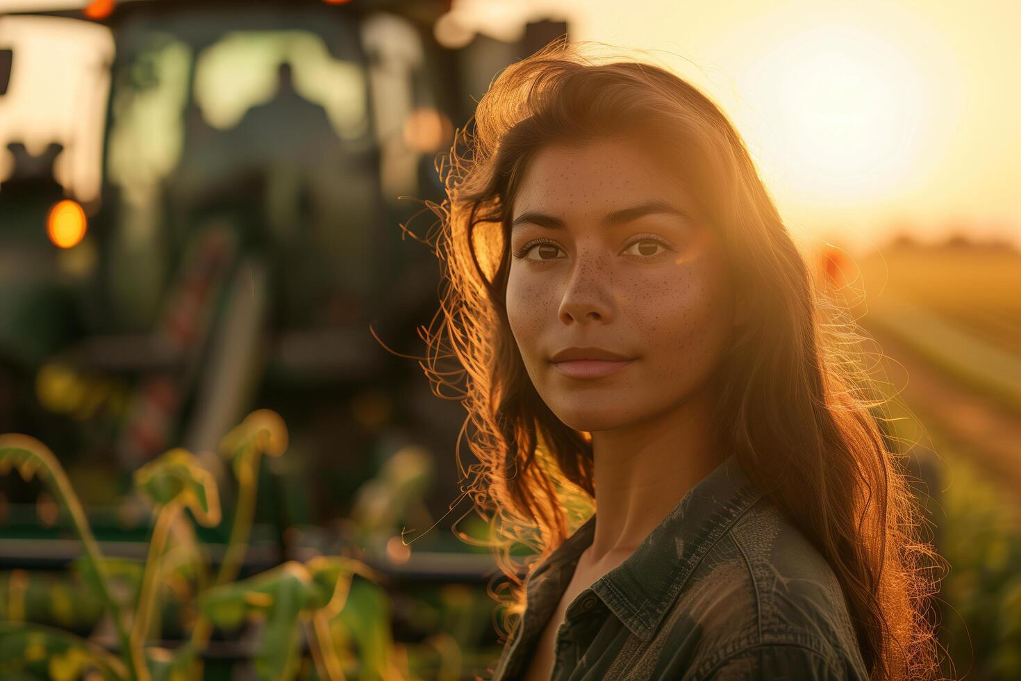 A woman standing in front of a tractor at sunset photo
