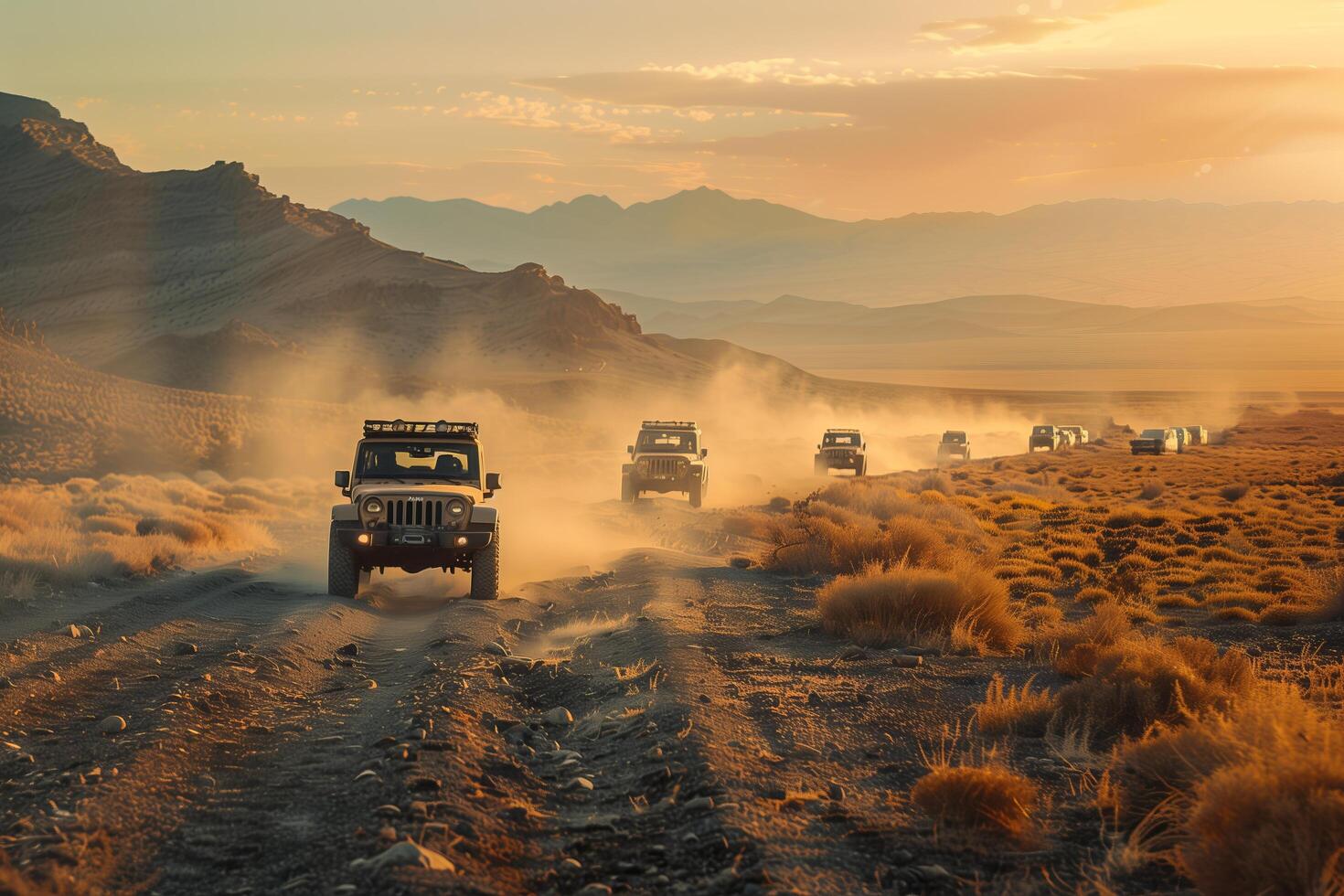Four jeeps driving through the desert at sunset photo