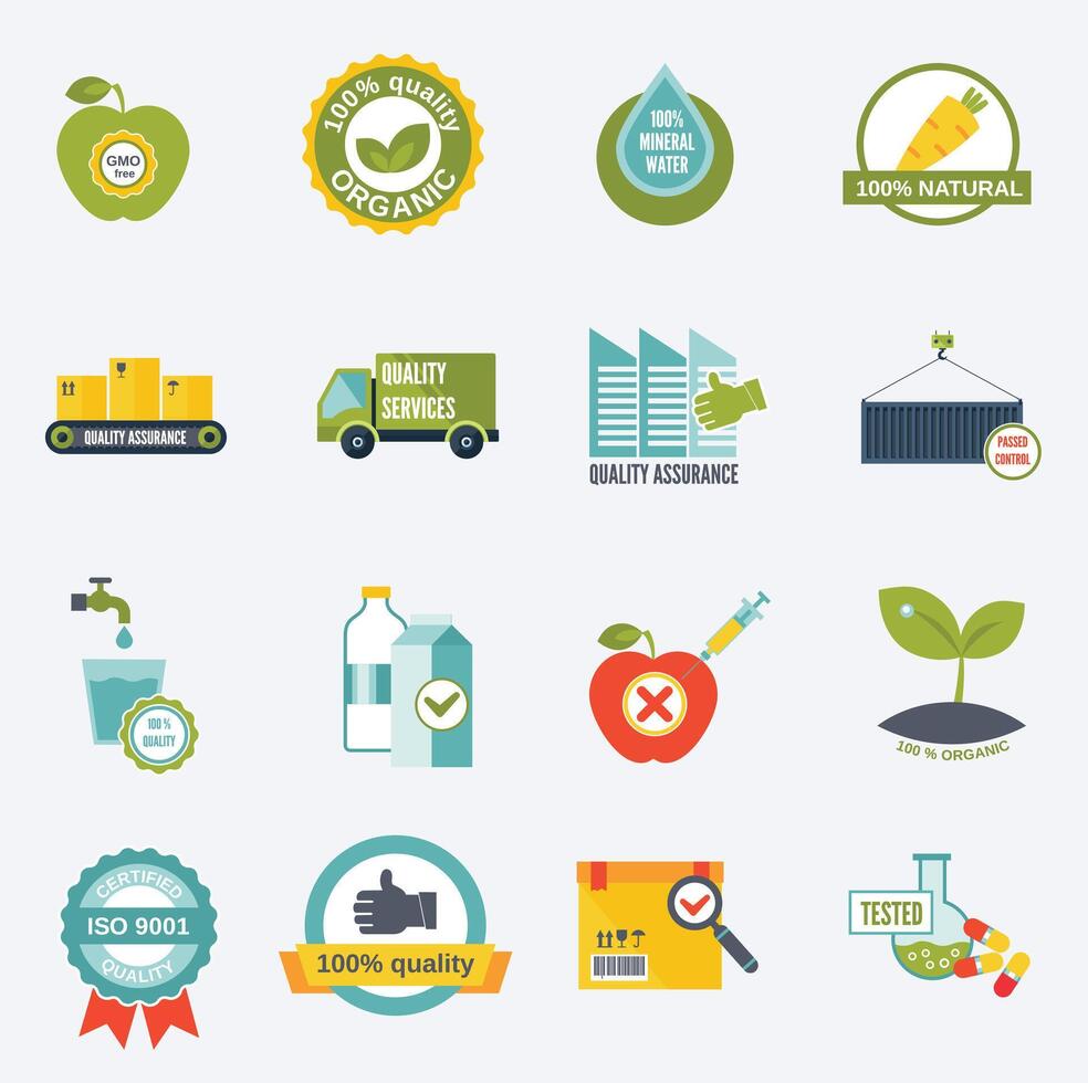 New Quality control certified quality test services icons flat set isolated illustration vector