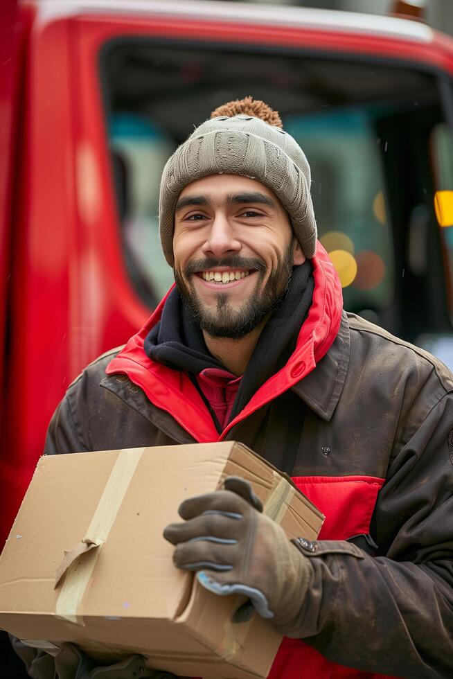 A smiling man holding a box in front of a delivery truck photo