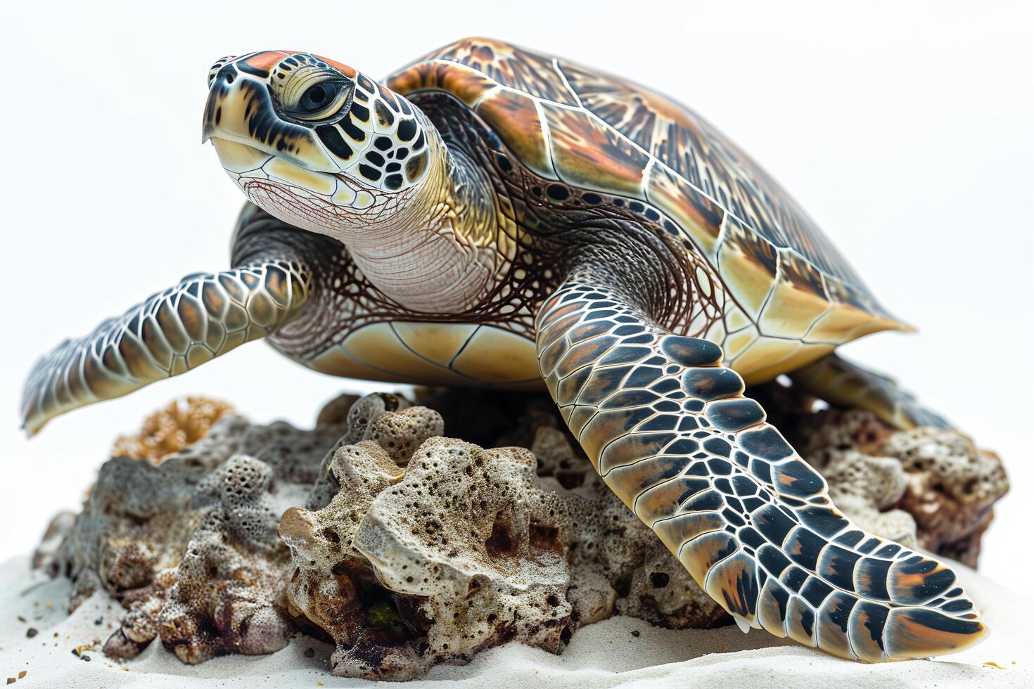 A turtle is sitting on a rock in the ocean photo