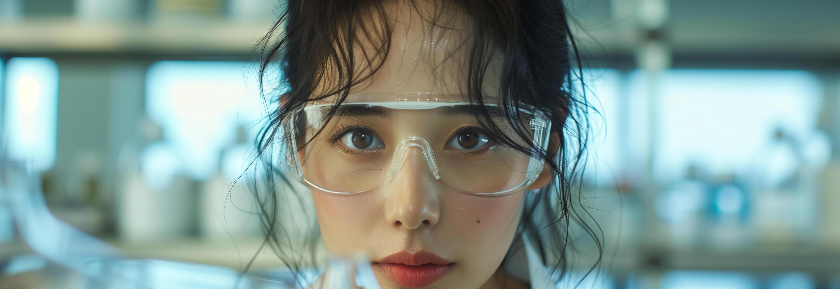 A woman wearing glasses in a laboratory photo