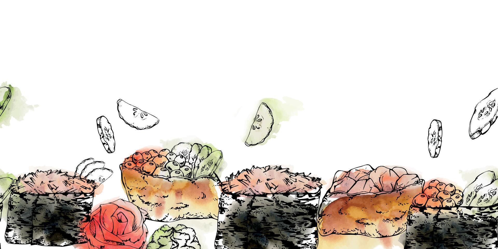 Traditional Japanese food, gunkan inari sushi with raw fish salmon tuna crab, caviar cucumber ginger hand drawn in watercolor and ink. Seamless banner for restaurant, cafe menu, kitchen, recipe book vector