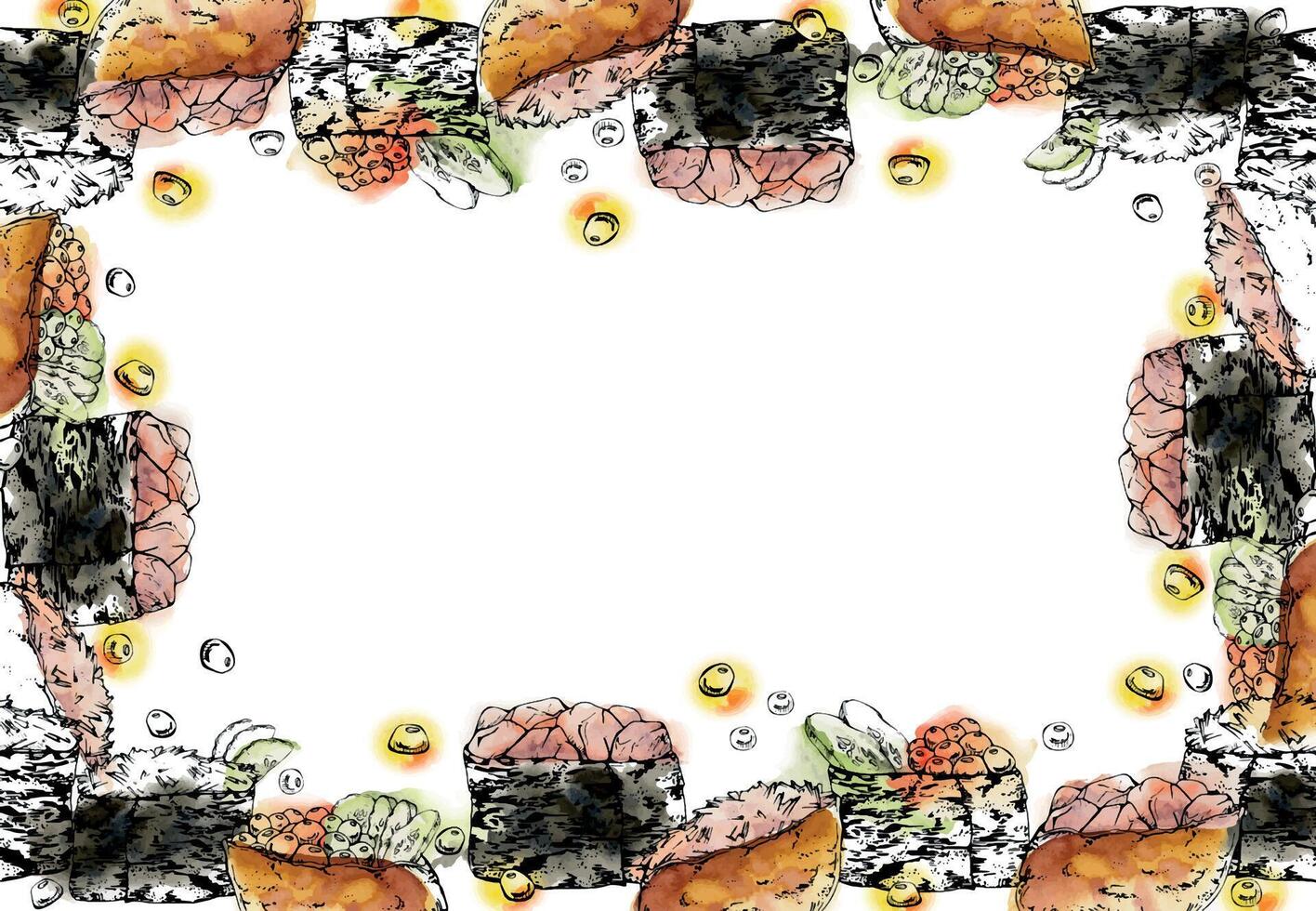Traditional Japanese food, gunkan inari sushi with raw fish salmon tuna crab, caviar cucumber ginger hand drawn in watercolor and ink. Border frame for restaurant, cafe menu, kitchen, recipe book vector
