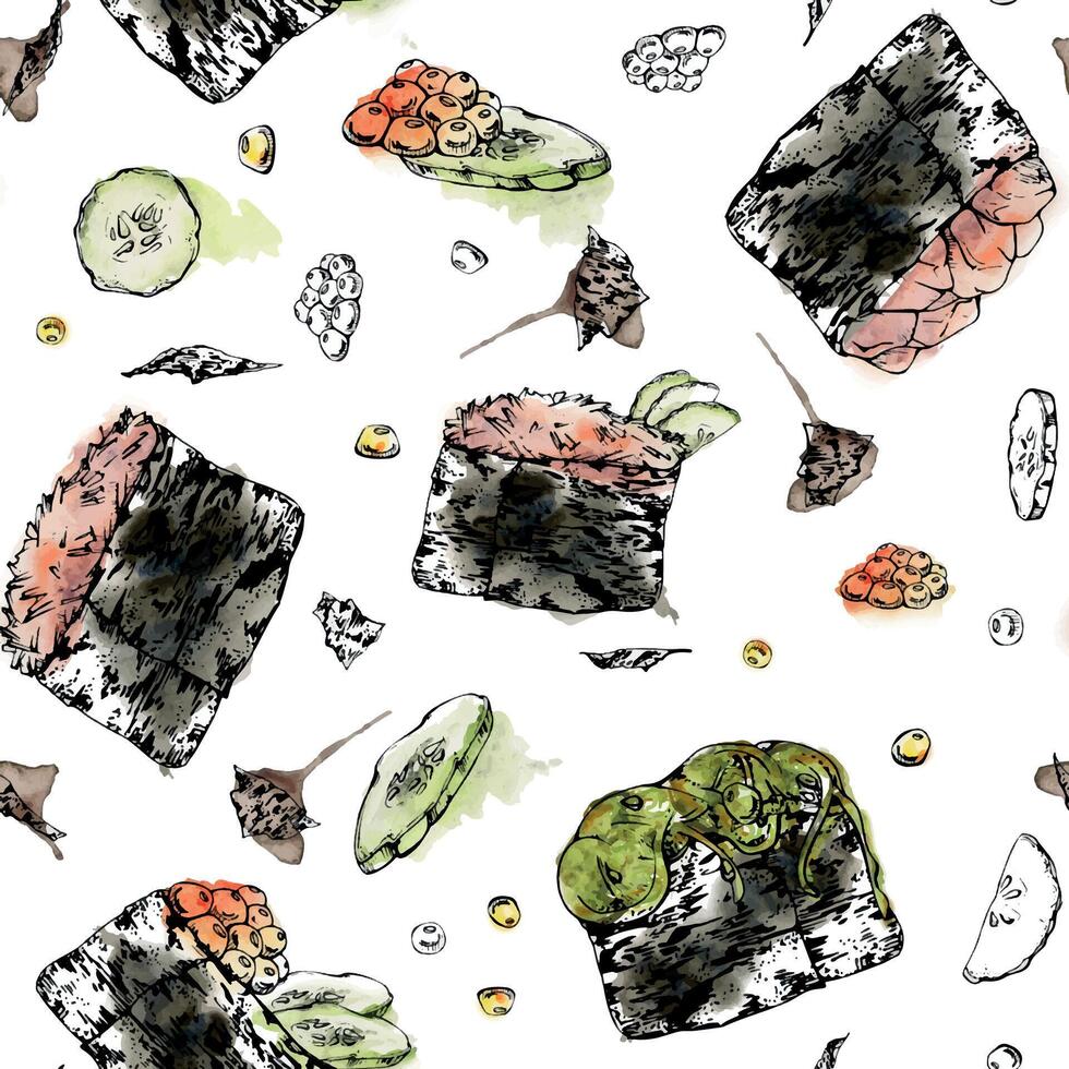 Traditional Japanese food, gunkan sushi with raw fish salmon tuna crab, nori wrap, caviar cucumber chuka hand drawn in watercolor, ink. Seamless pattern for restaurant cafe menu, kitchen, recipe book vector