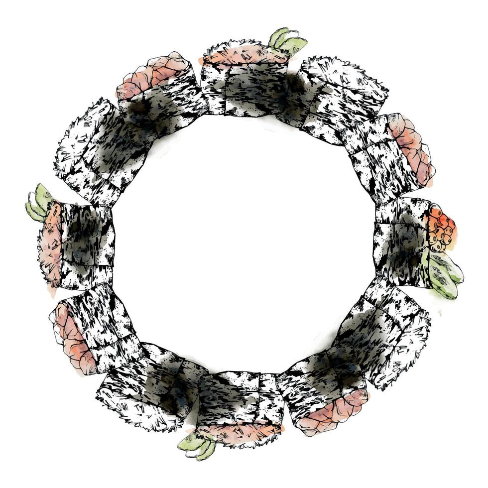 Traditional Japanese food, gunkan sushi with raw fish salmon tuna crab, nori wrap, caviar cucumber ginger hand drawn in watercolor, ink. Wreath frame for restaurant, cafe menu, kitchen, recipe book vector