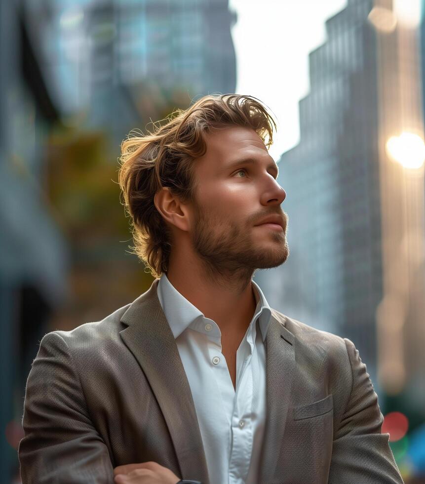 A man in a suit standing in front of a city photo