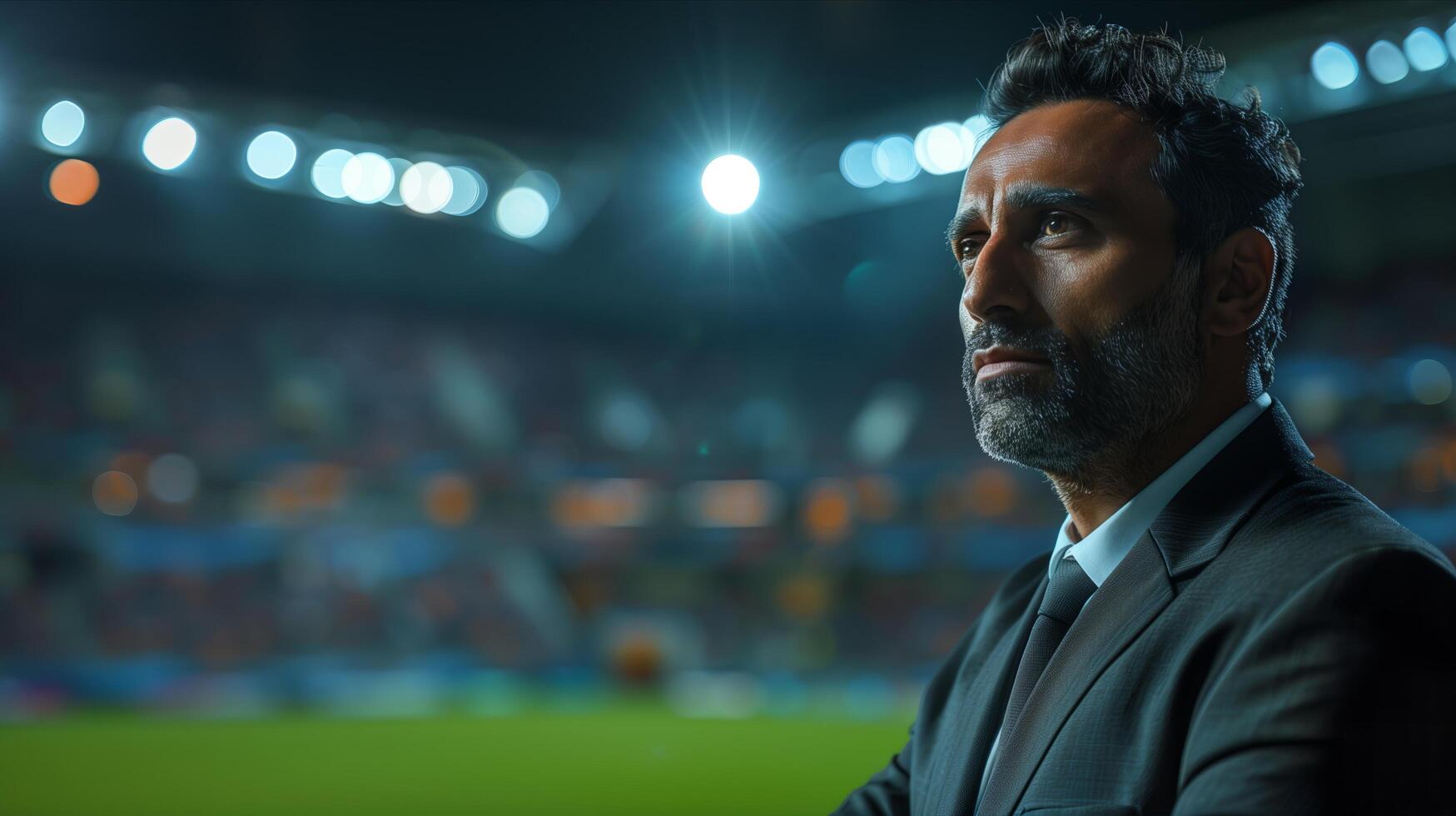 A man in a suit stands in front of a stadium photo