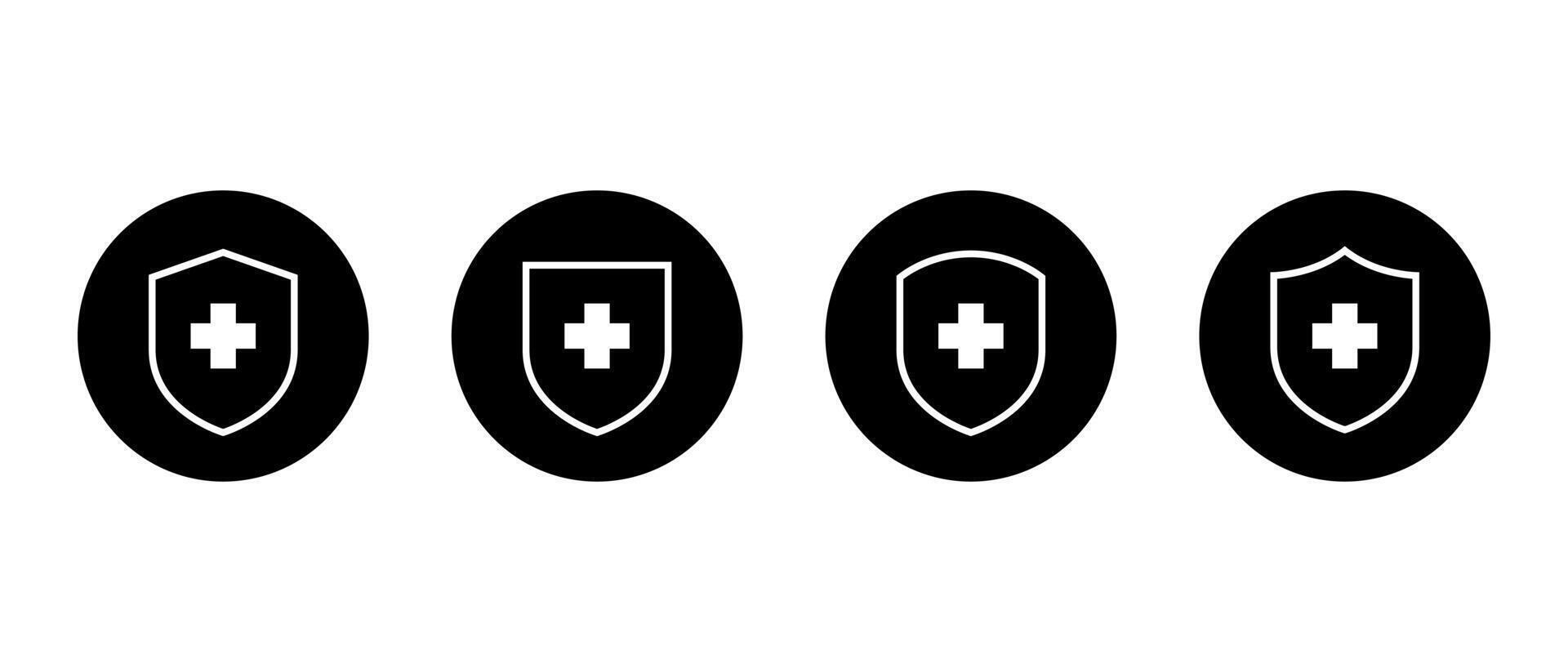 Shield protection outline icon set on black circle. Safety, health badge with plus sign symbol vector