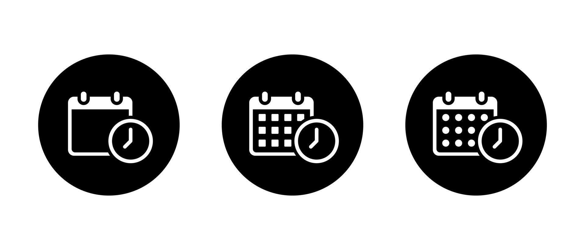 Calendar with time icon set on black circle. Date with clock sign symbol vector