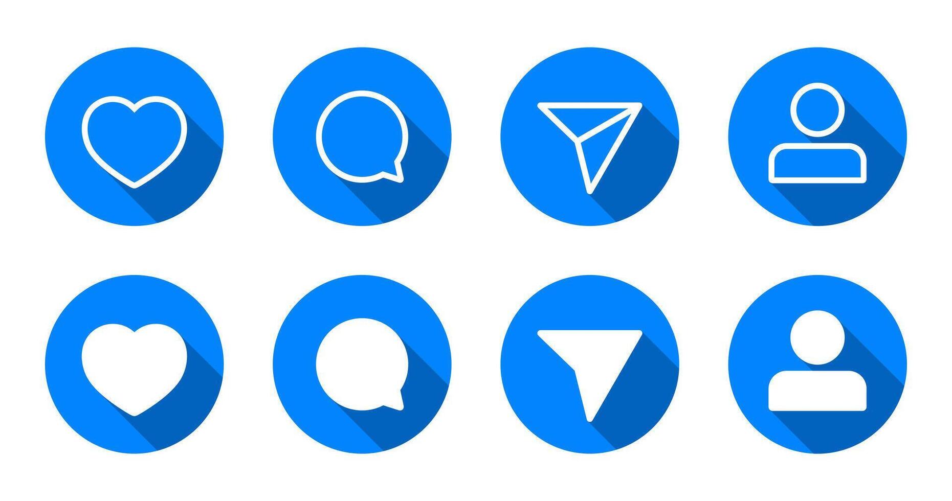 Like, comment, share, and profile icon with long shadow. Social media communication vector