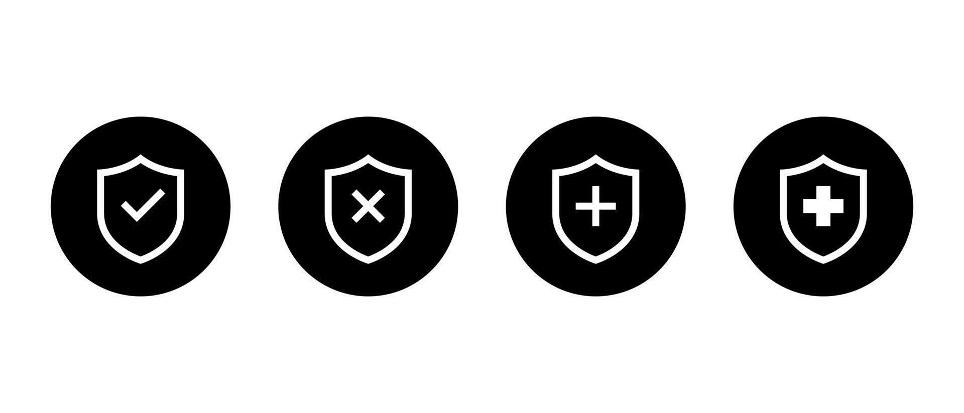 Safe, unsafe, and health badge icon on black circle. Shield with check mark, x cross and plus sign symbol vector