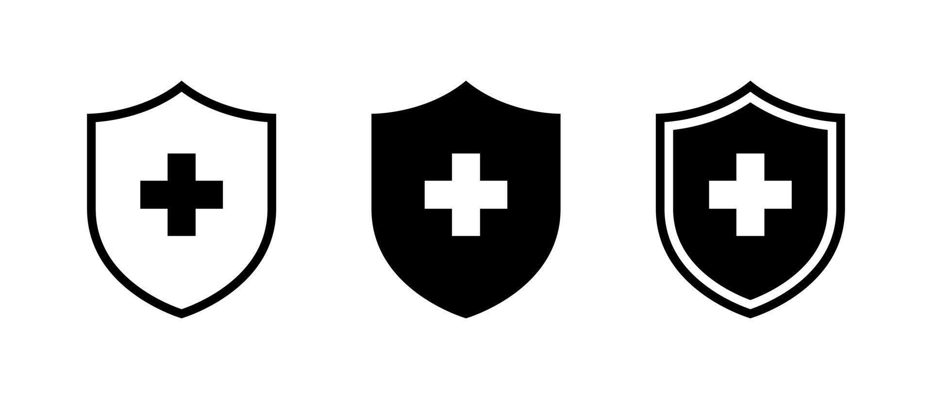 Medical shield protection icon set in trendy style. Protect, healthy badge sign symbol vector