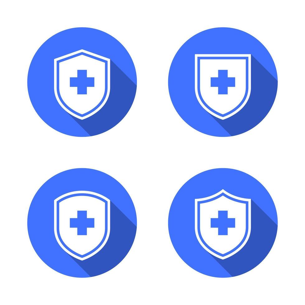 Shield protection icon set with long shadow. Medical badge sign symbol vector