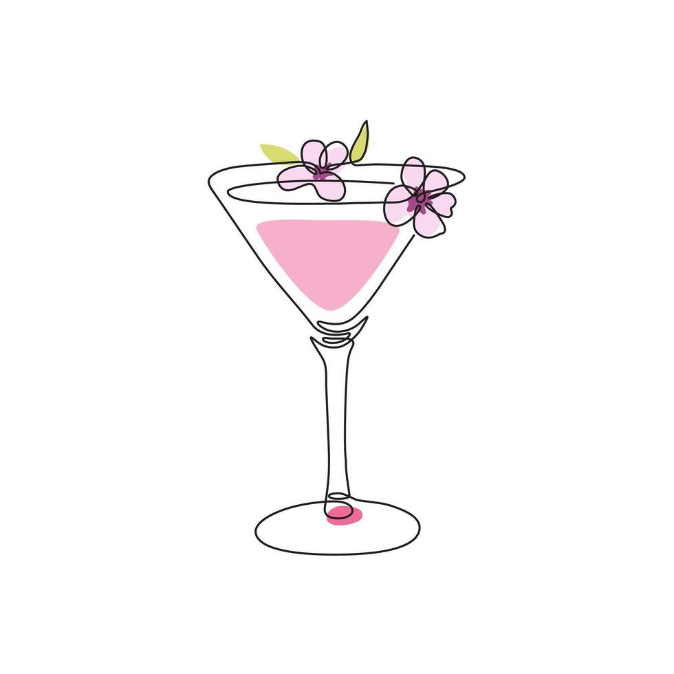 A modern line art representation of a Cherry Martini Blossom, featuring graceful curves and soft pink hues, with a focus on the cherry garnish and floral touch. vector