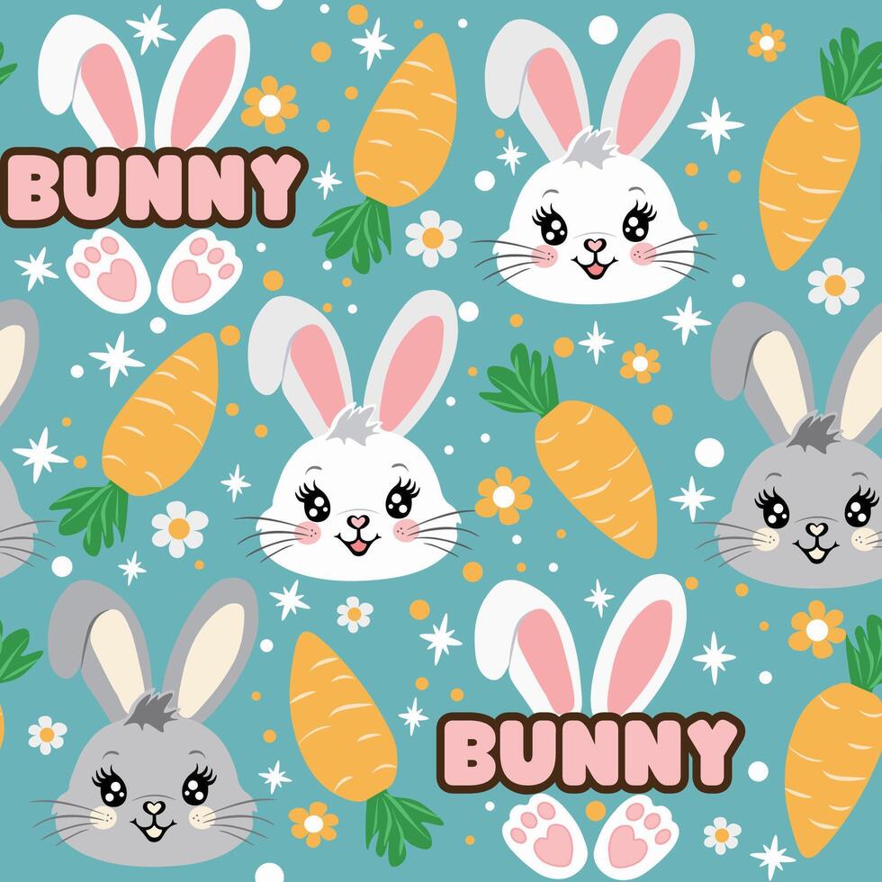 Cute Kawaii Bunny Seamless Pattern with Carrots and Text on a Teal Background vector