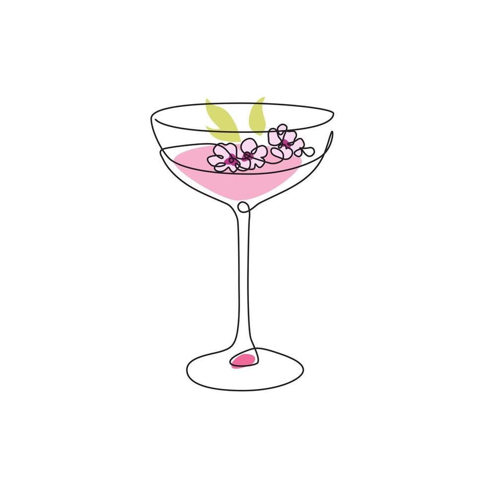 A stylized line drawing of a Cherry Martini Blossom, showcasing its pink color palette, delicate cherry garnish, and the allure of a chic cocktail experience. vector