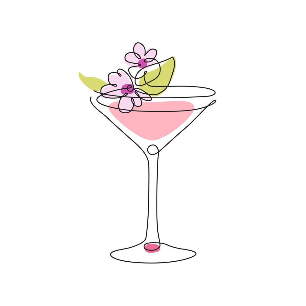 Abstract line drawing of Cherry Martini Blossom cocktail in pastel pink colors, suitable for cards, textiles or scrapbooking. vector