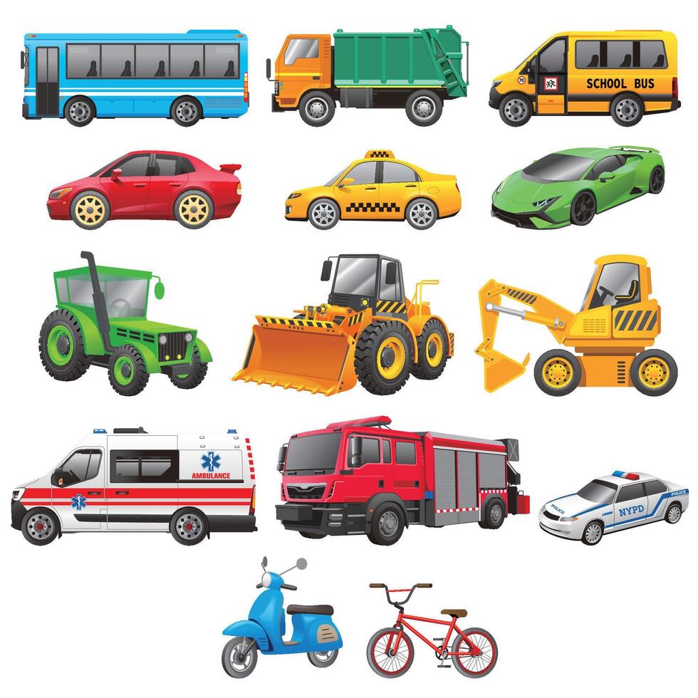 Diverse Vehicle Collection Public, Emergency, Construction, and Personal Transport vector