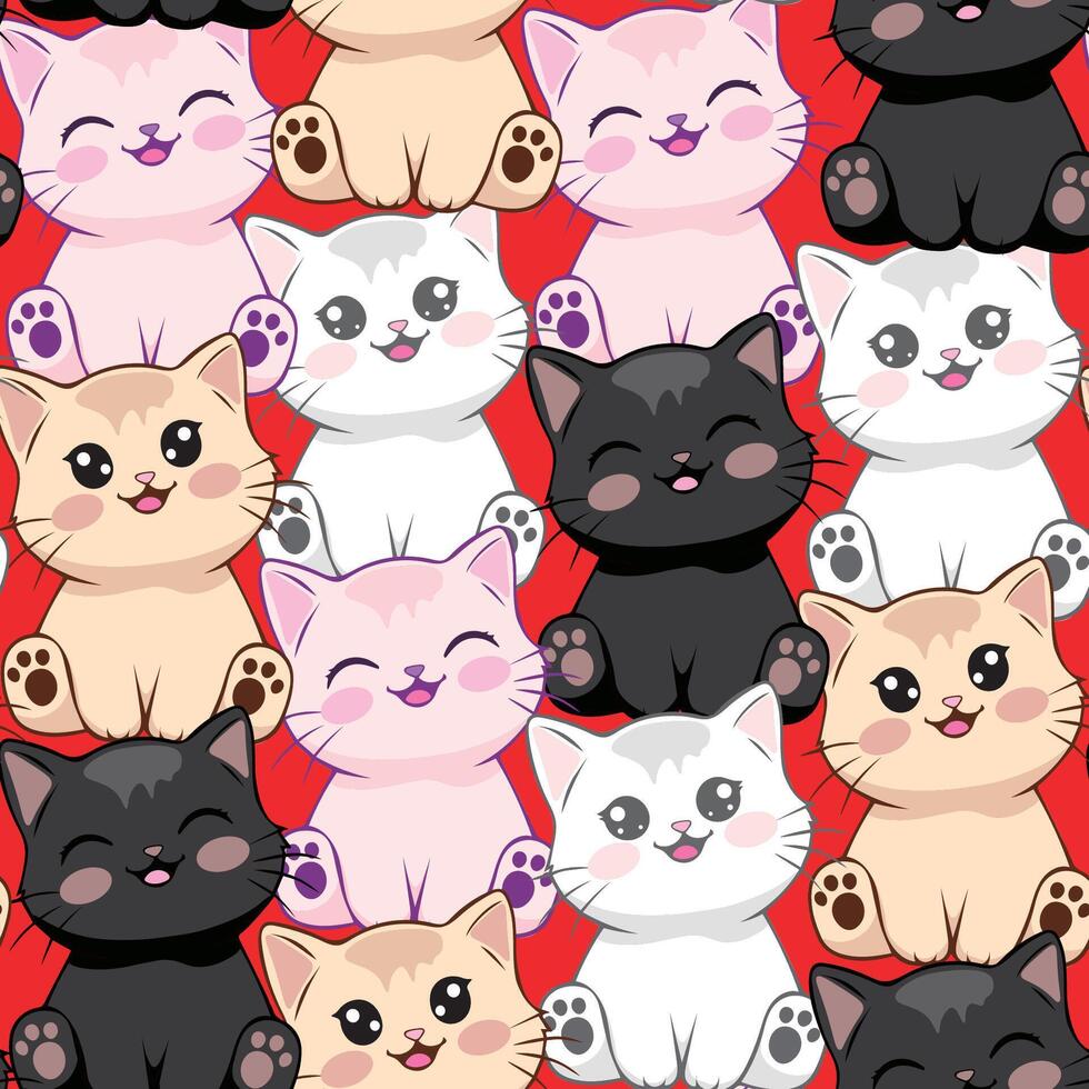 Cute Kawaii Cat Seamless Pattern with Playful Kittens on a Red Background vector