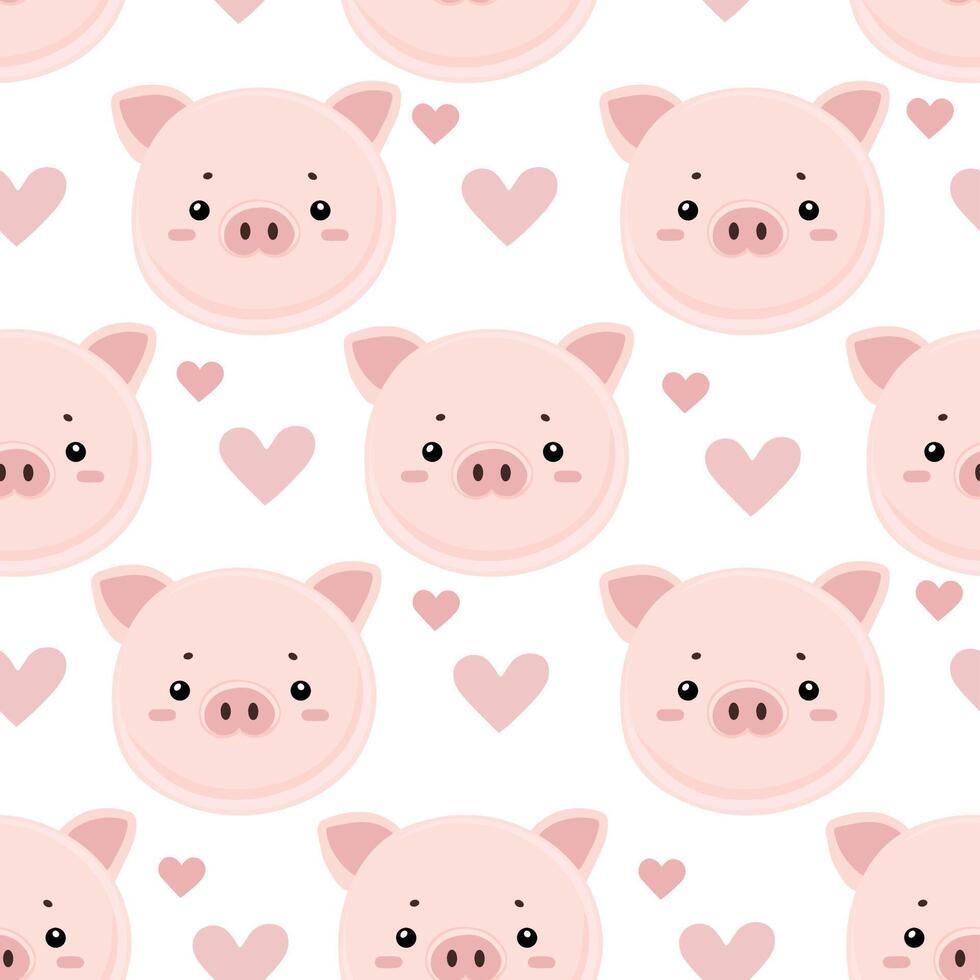 Cute Kawaii Pig Seamless Pattern with Hearts on a White Background vector