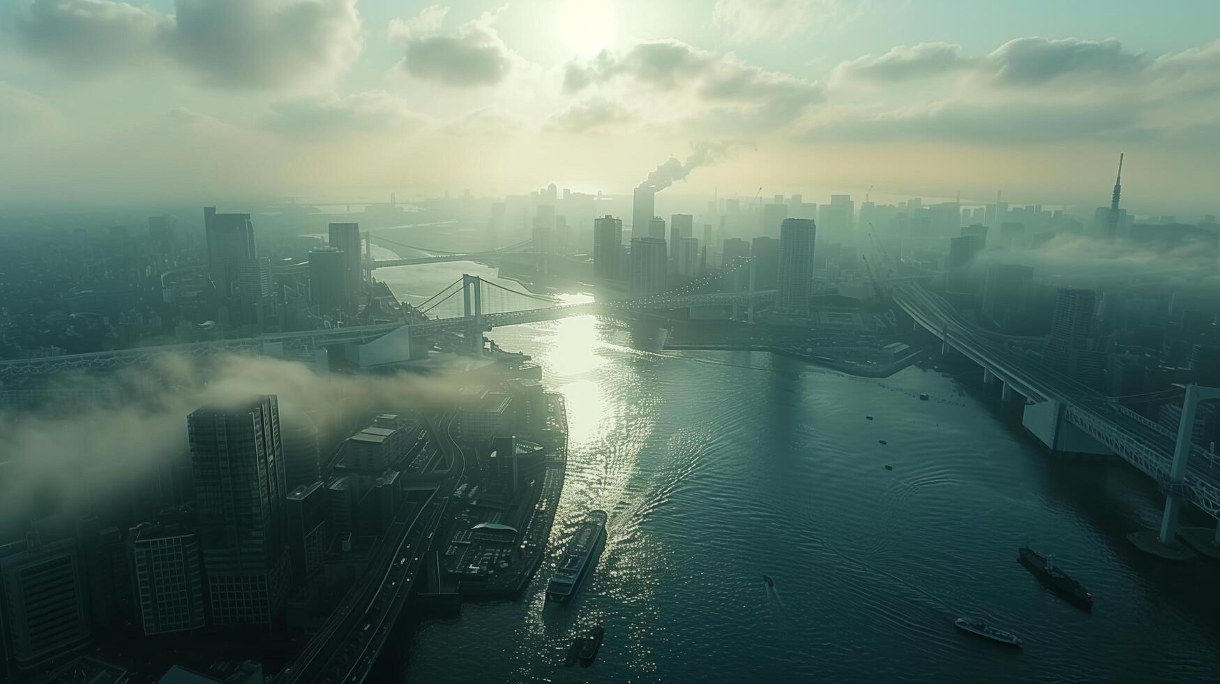 A city skyline with a river and a bridge photo