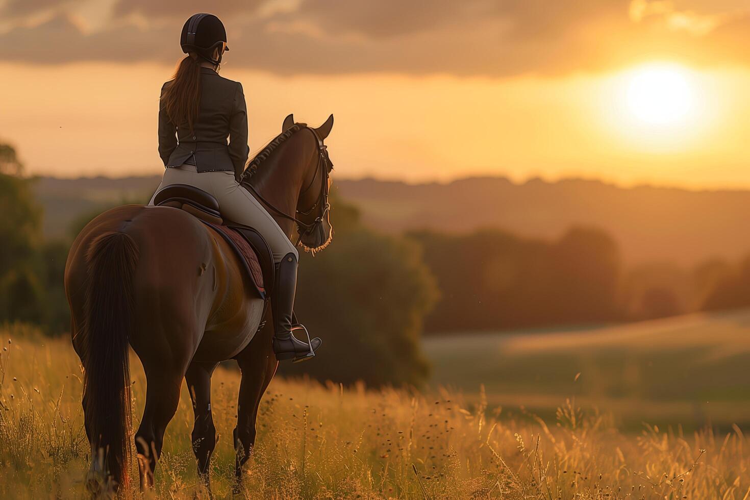 A woman riding a horse in a field at sunset photo