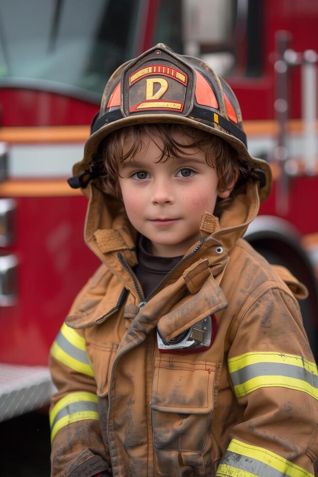 A young boy in a firefighter's outfit photo