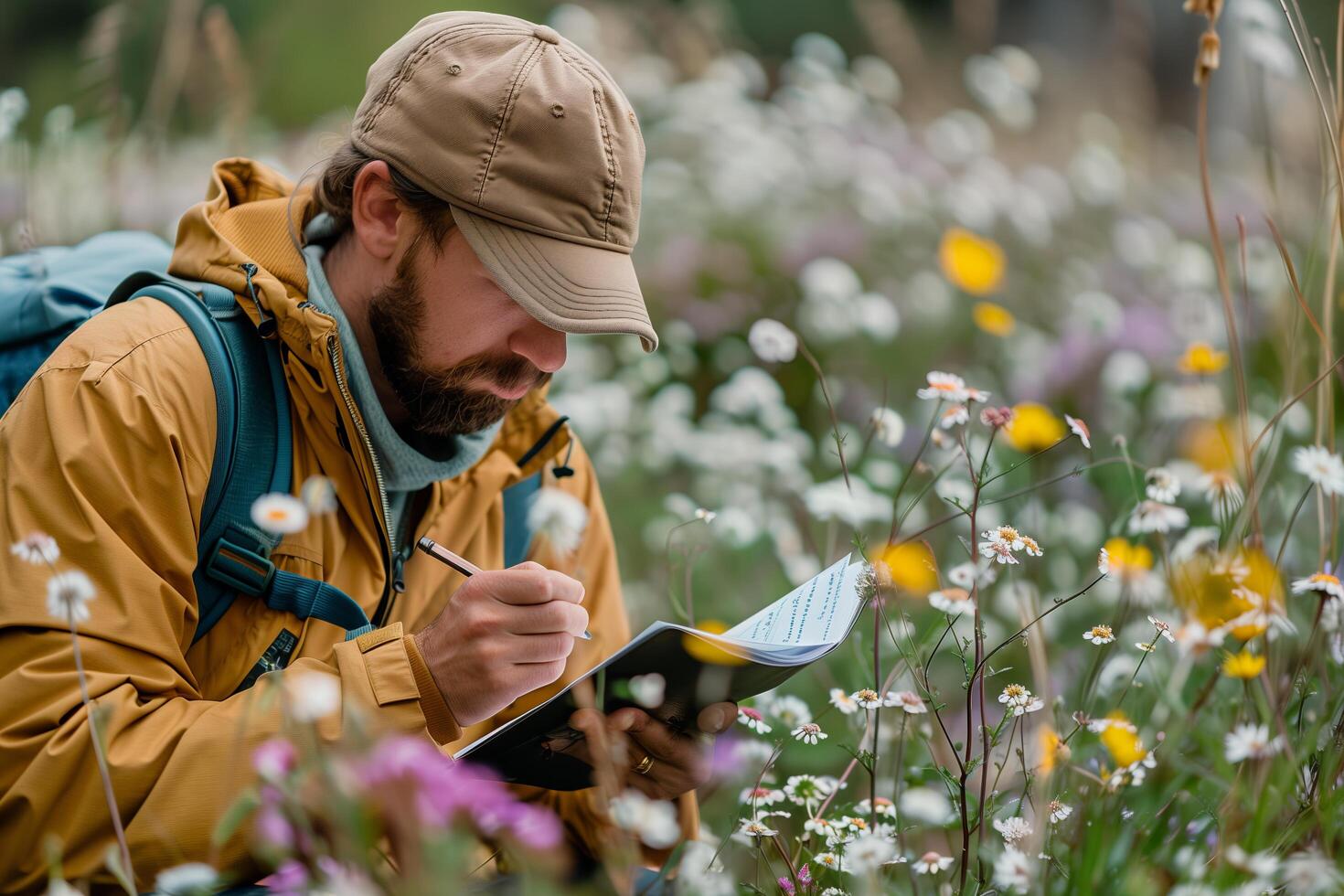 A man with a backpack is writing in a field of wildflowers photo