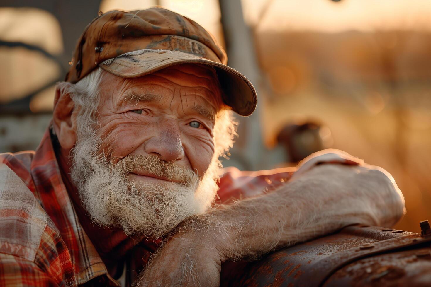 An old man with a beard and hat sitting on a tractor photo