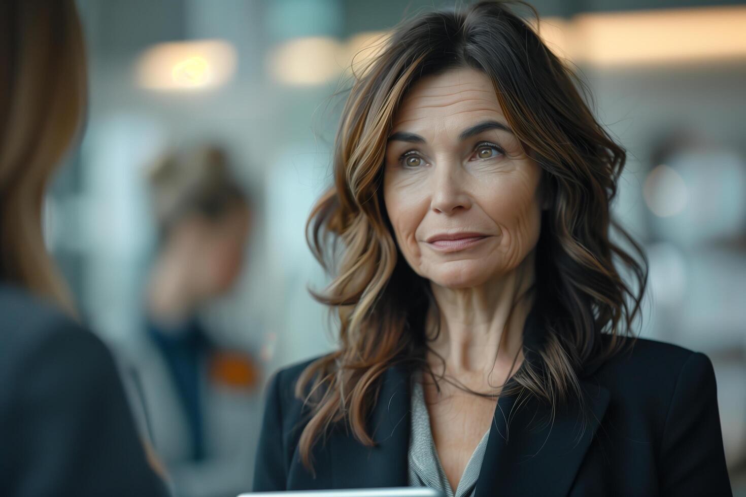 A woman in a business suit talking to another woman photo