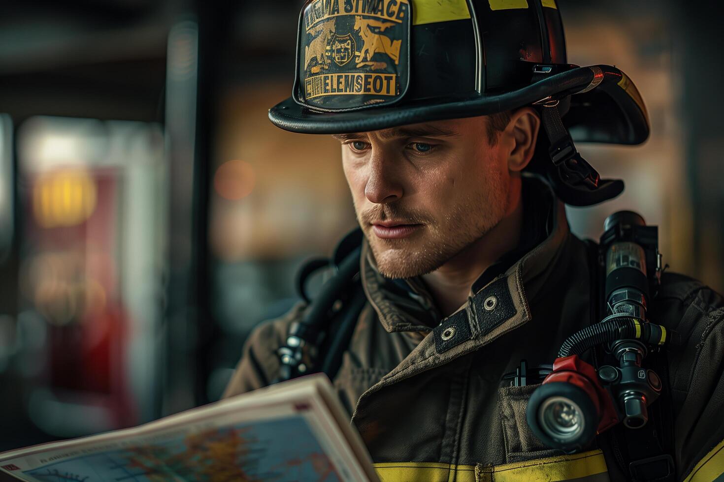 A firefighter is reading a map photo