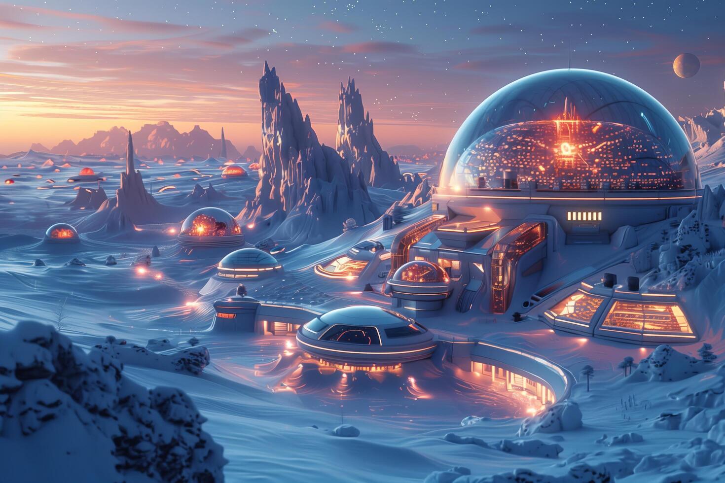 A futuristic city on a distant planet, illuminated by glowing structures under a serene alien sky. photo
