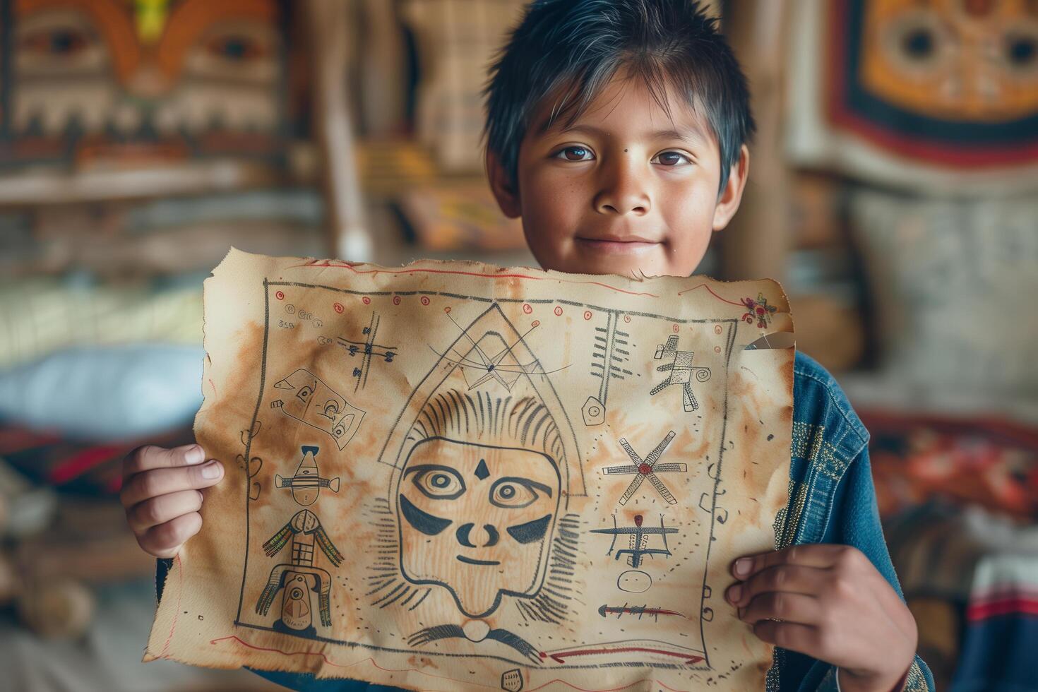 A boy holding up a piece of paper with a drawing on it photo