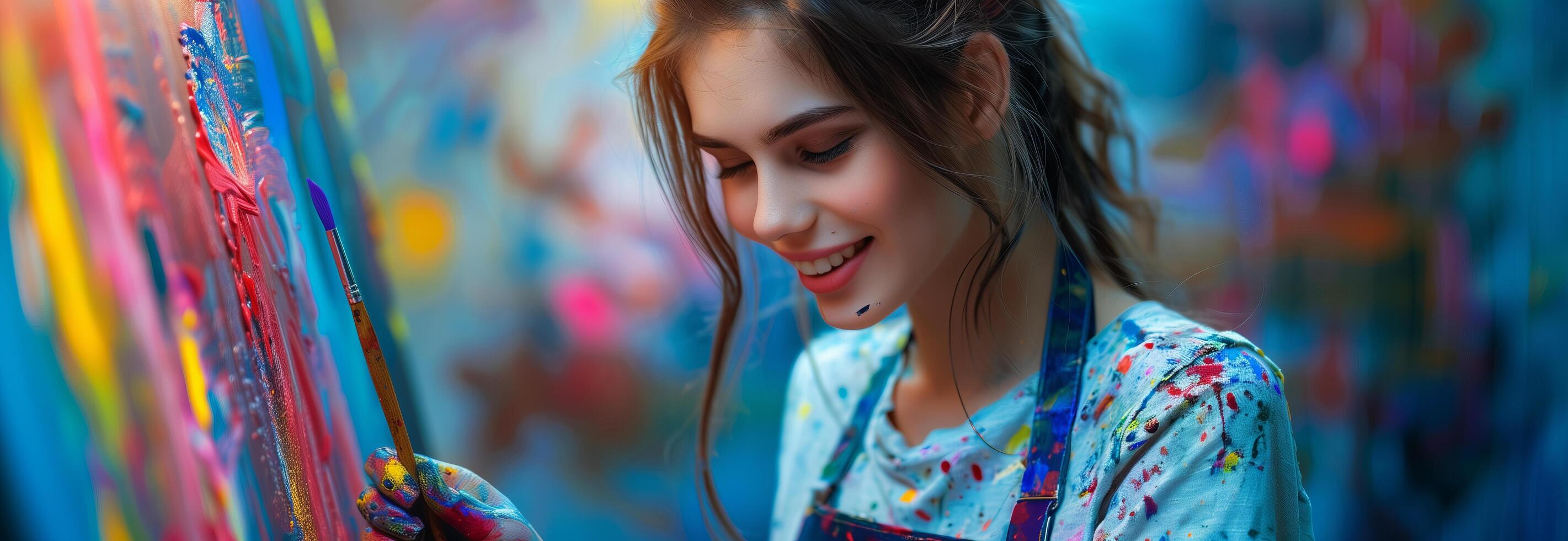 A woman is smiling while holding a paintbrush photo