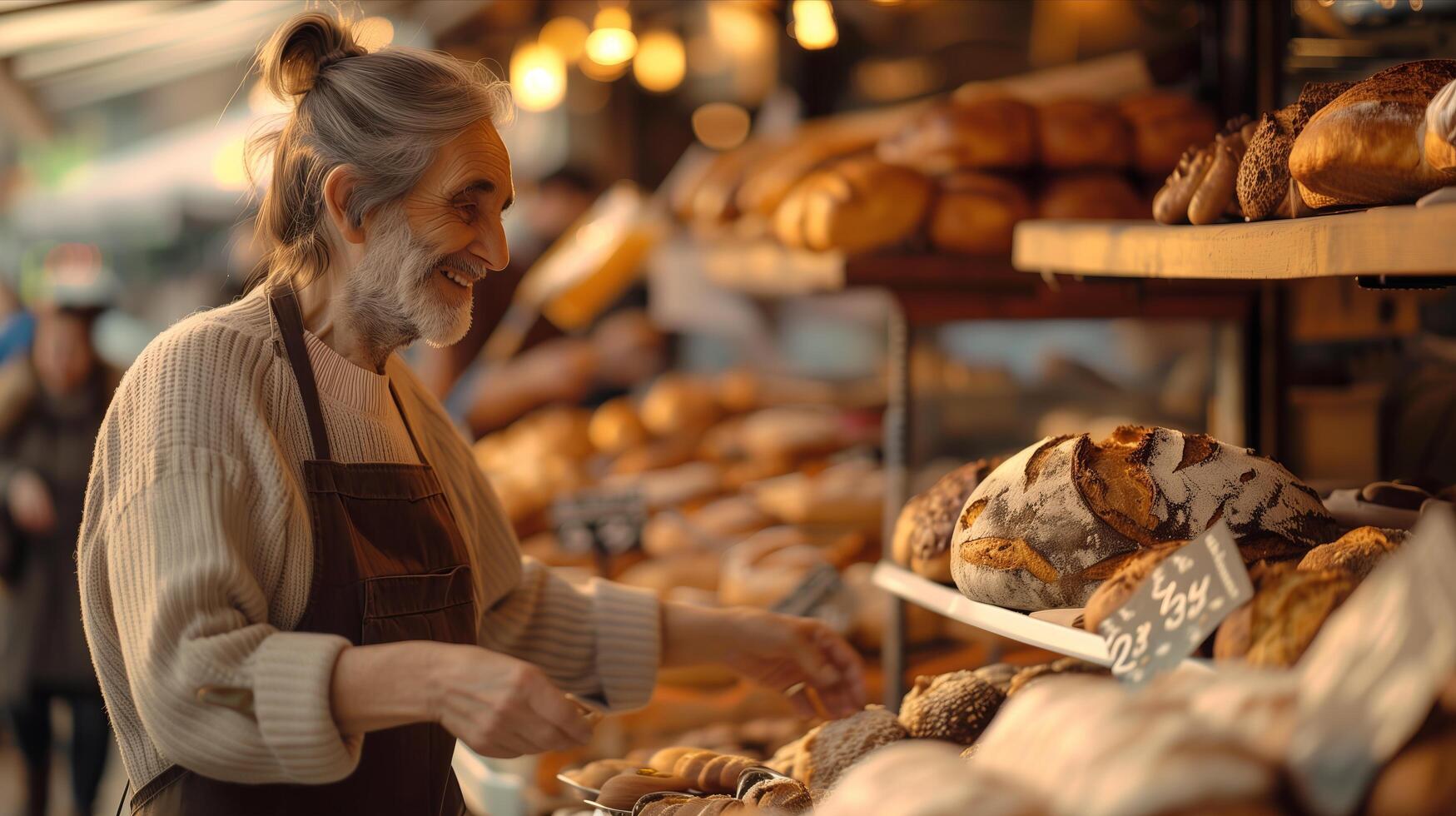 An older man is looking at bread in a bakery photo