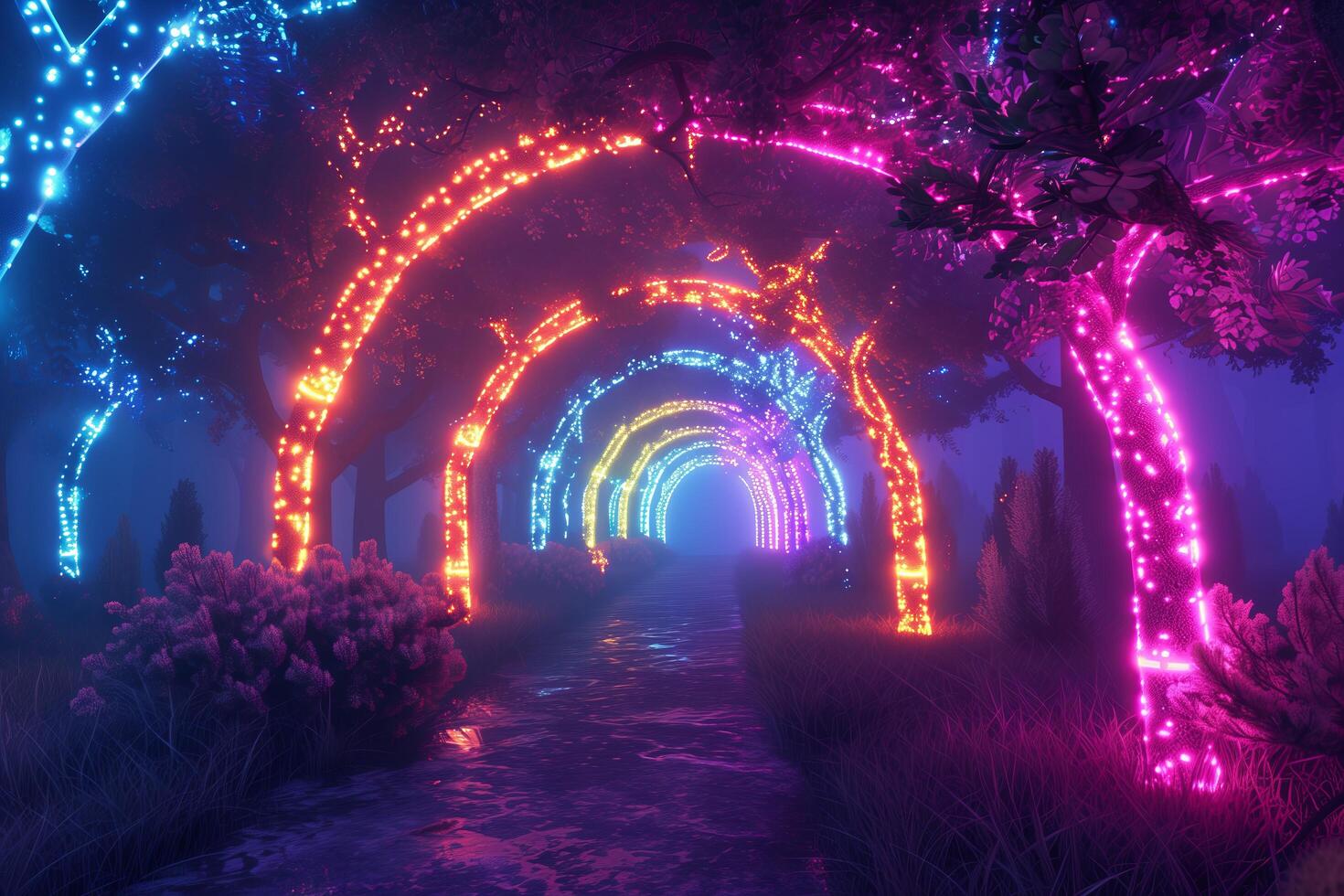 A colorful tunnel with lights in the middle photo