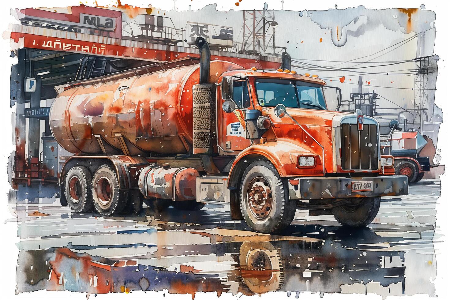 A painting of an oil tanker truck parked at a gas station photo