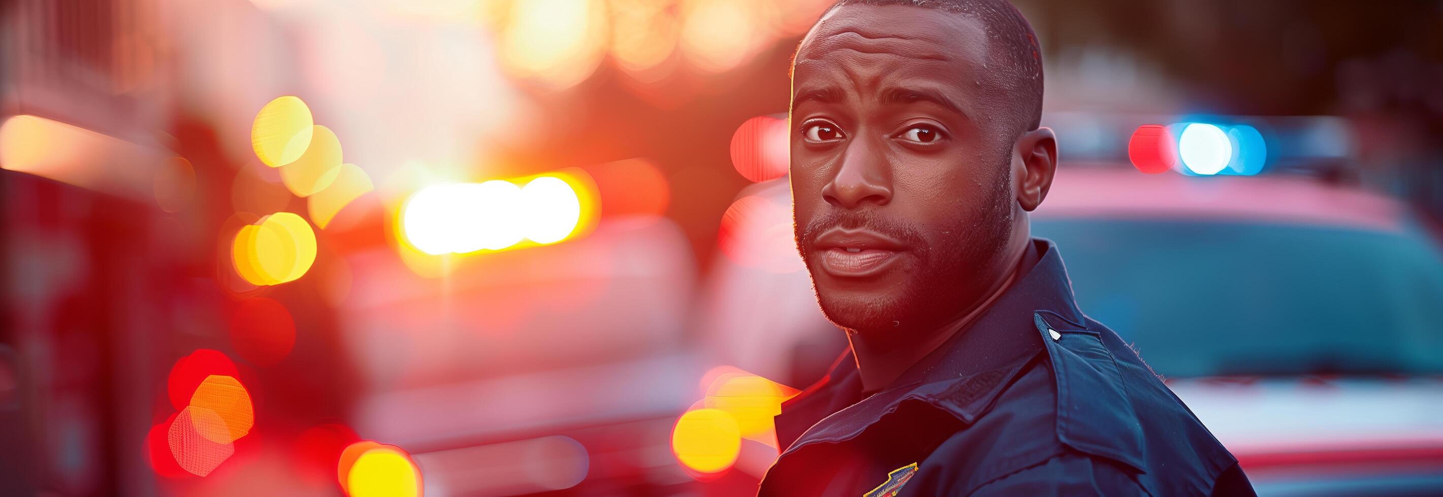 A man in a police uniform is looking at the camera photo