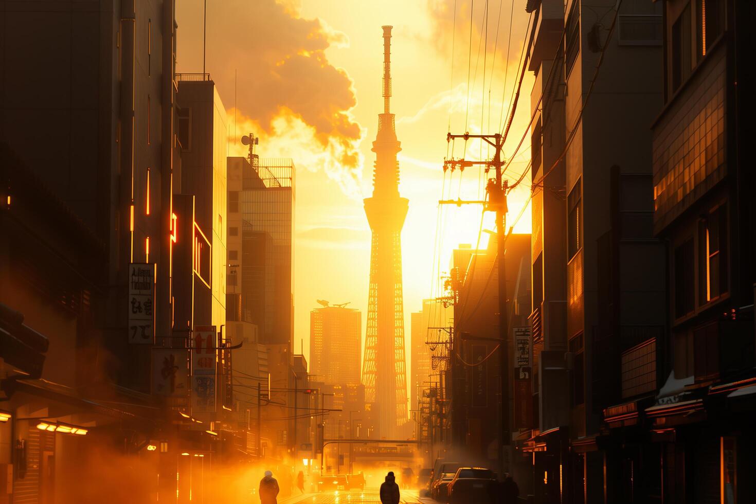 A city street with tall buildings and a tall tower in the background photo