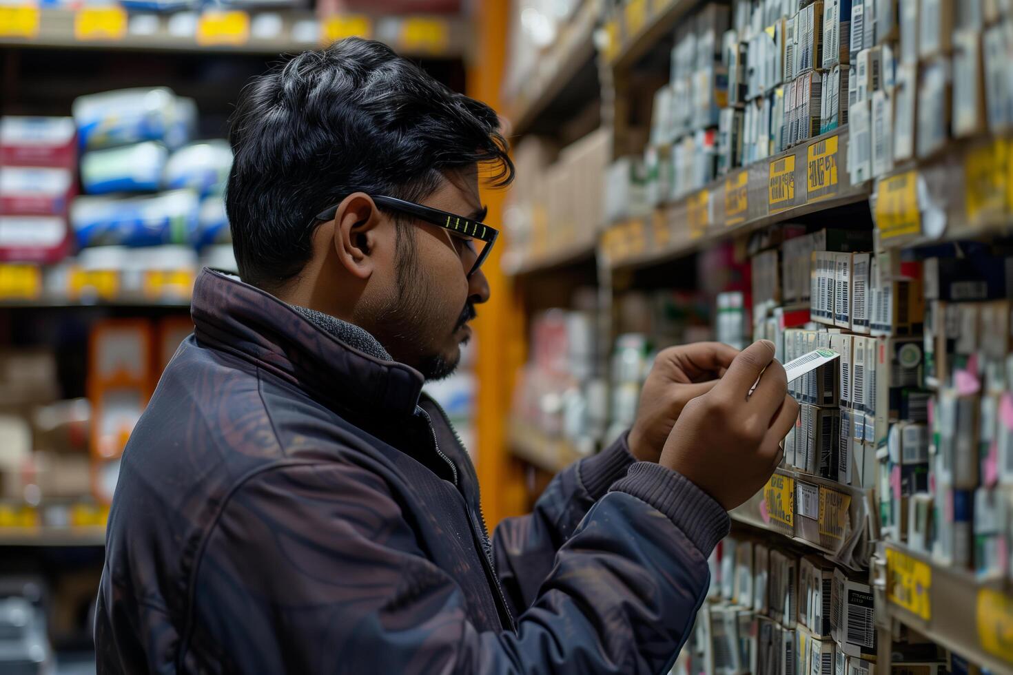 A man in a store looking at a shelf of items photo