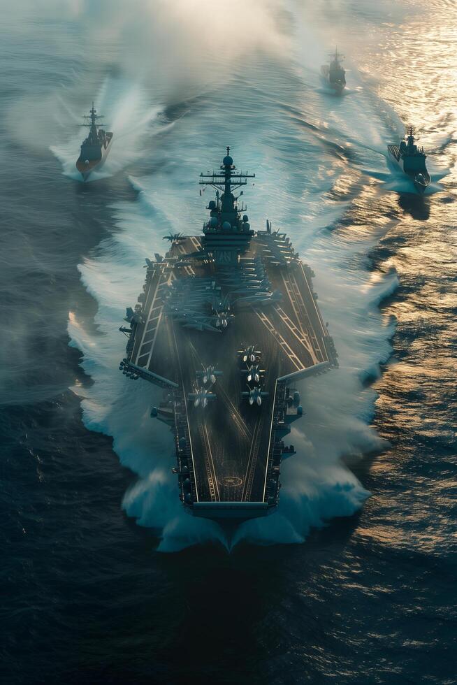 An aircraft carrier in the ocean with several ships photo
