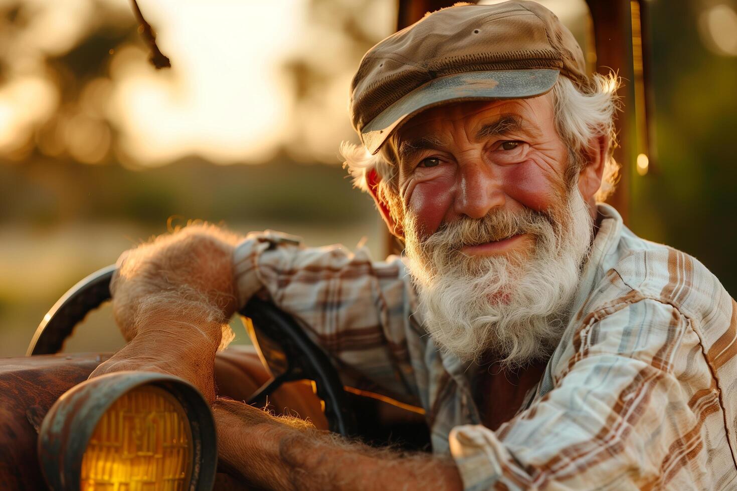 An old man with a beard and hat sitting in a car photo