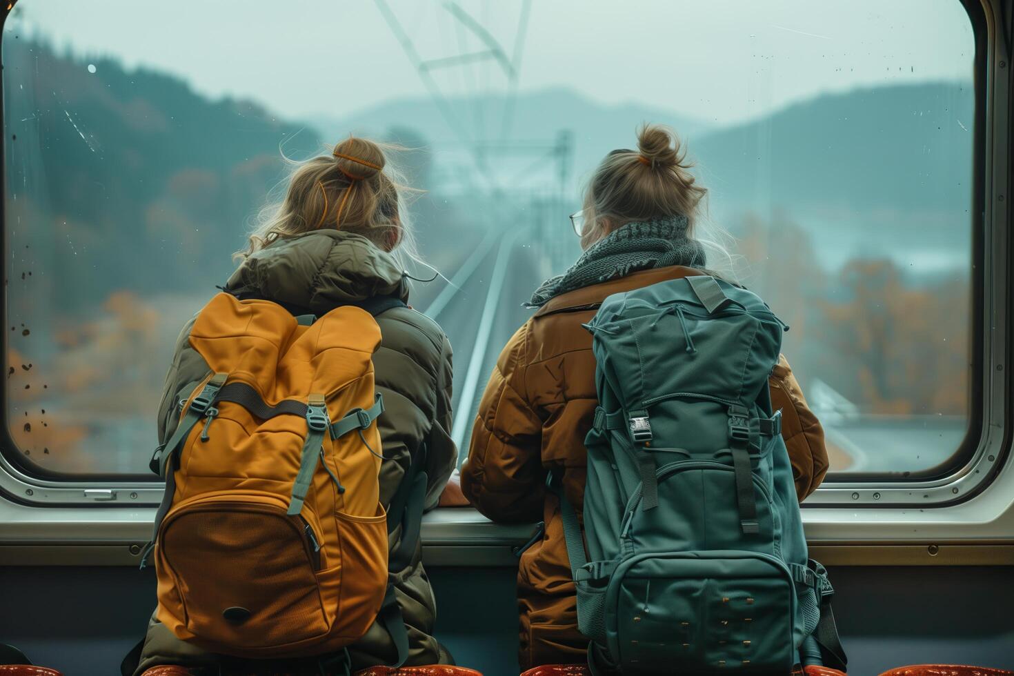 Two people sitting on a train looking out the window photo