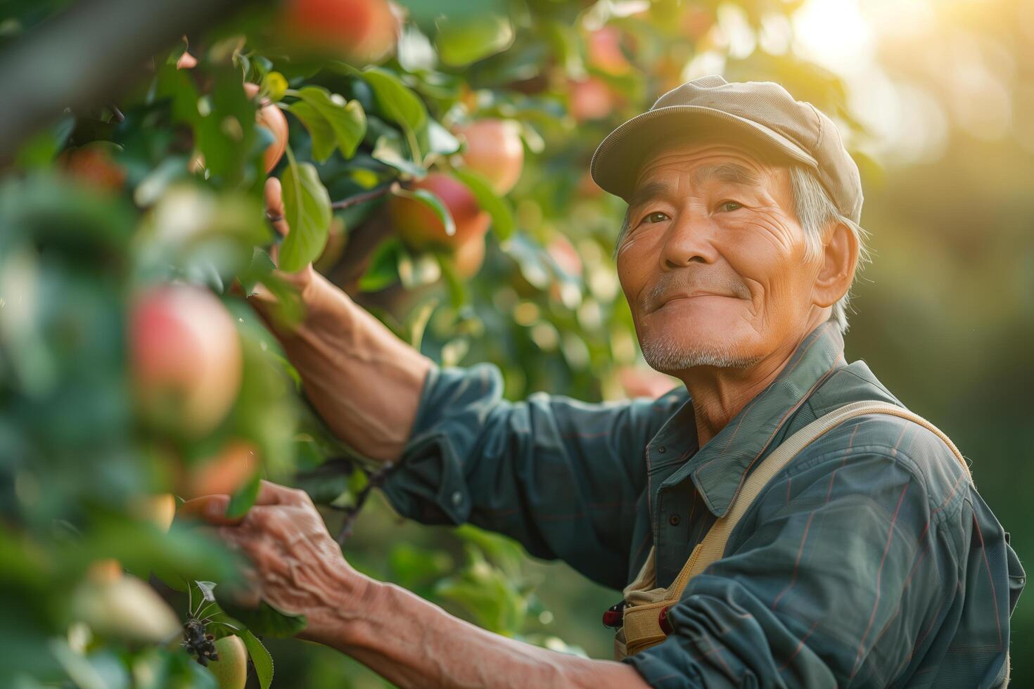 An elderly man picking apples from a tree photo
