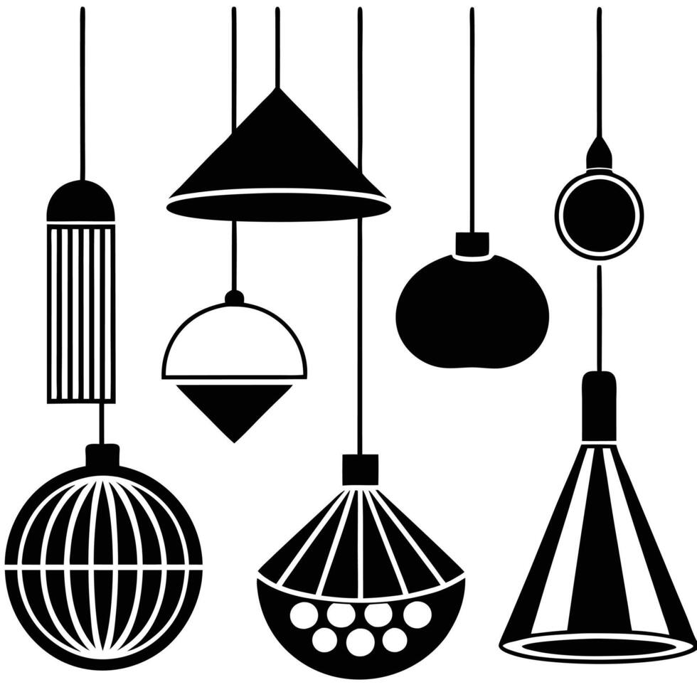 a set of hanging silhouette lamps and lights vector
