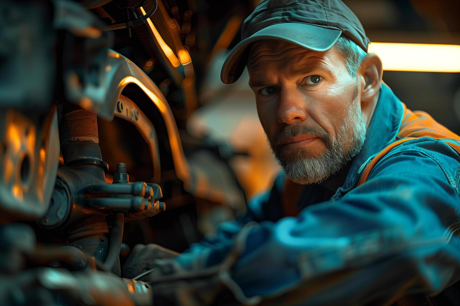 A man in an orange vest and hat working on a car photo