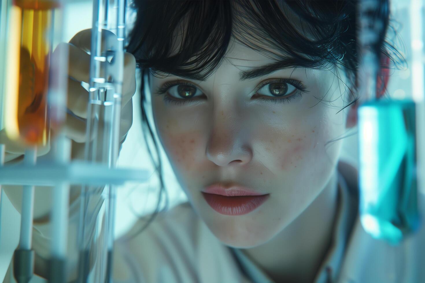A woman in a lab coat looking at a test tube photo
