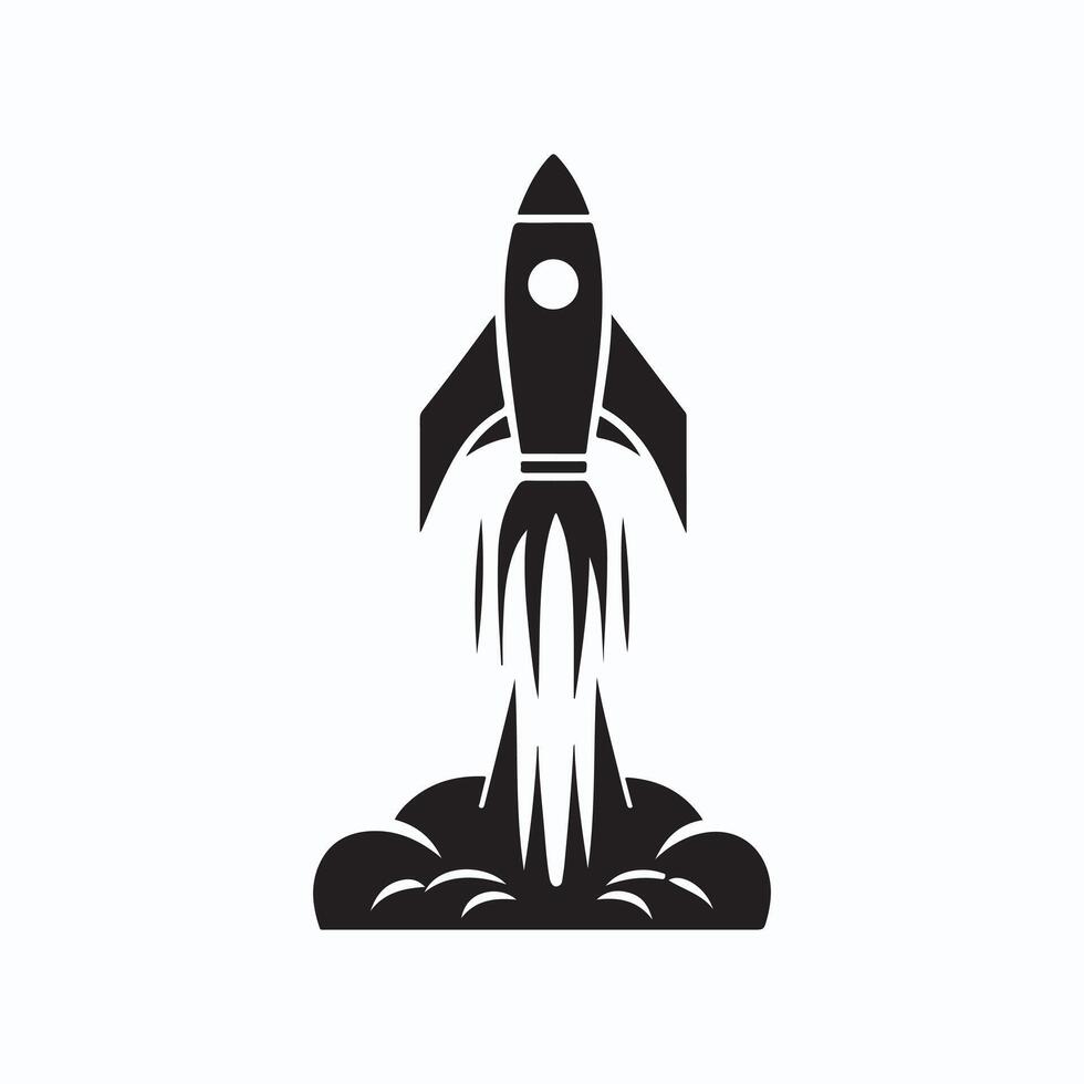 A black and white illustration of a rocket launching design on a white background vector