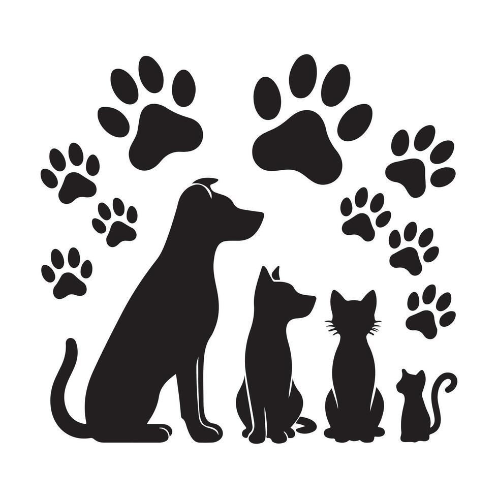A black and white silhouette of a cat, dog and cat paw design on a white background vector